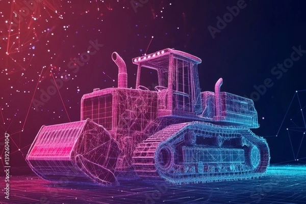 Obraz 3D Wireframe Bulldozer with Colorful Neon Lights and Background