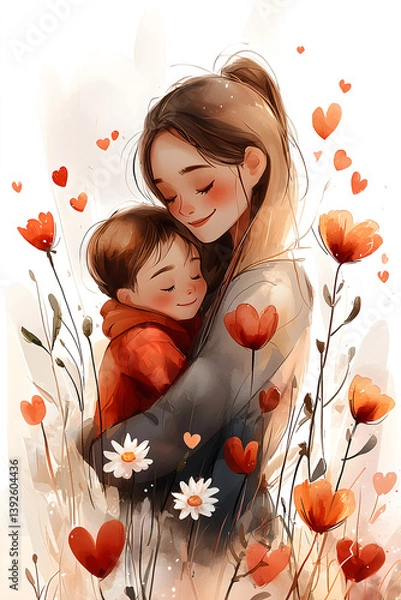 Obraz Mother's Tender Embrace: A watercolor-style illustration beautifully depicts a mother and child, embracing amidst a floral haven, evoking warmth and affection.