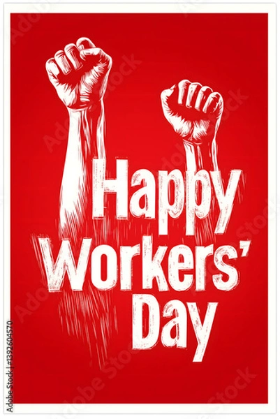 Obraz Workers' Day Solidarity: A strong visual statement for Workers' Day, featuring raised fists and a bold greeting, symbolizing solidarity and strength on this day.