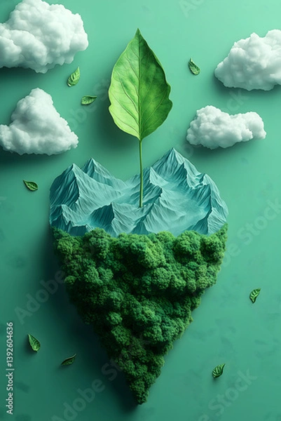 Obraz Green Planet: The image portrays a stylized eco-friendly scene, where the planet's essence is captured through the growth of a single leaf emerging from the land.