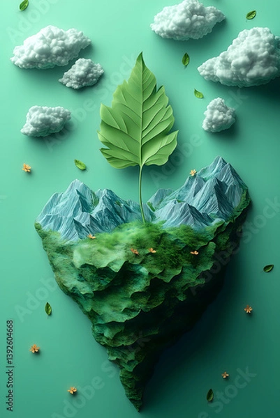 Obraz "Eco-Island: An inspiring display showcases a vibrant heart-shaped island, adorned with lush green landscapes and a majestic tree, all under a sky dotted with fluffy clouds.