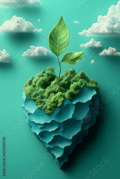 Obraz Life's Delicate Sanctuary: Witness the blossoming of a verdant sprout, gracefully reaching towards the celestial clouds atop an island of vibrant moss, painting a scene of harmony and renewal.