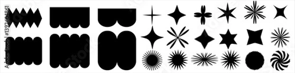Obraz Set of abstract black geometric shapes and starburst icons for modern design and branding projects. Vector