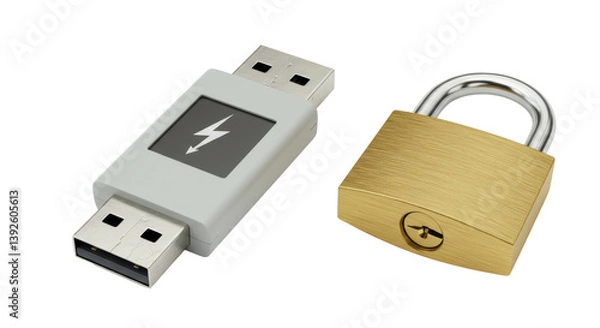 Fototapeta Isolated USB Flash Drive and Padlock Protecting Data Security