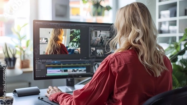 Obraz A blonde woman with straight hair and a fuller figure is sitting at a desk with a large monitor, Generative AI illustrations.