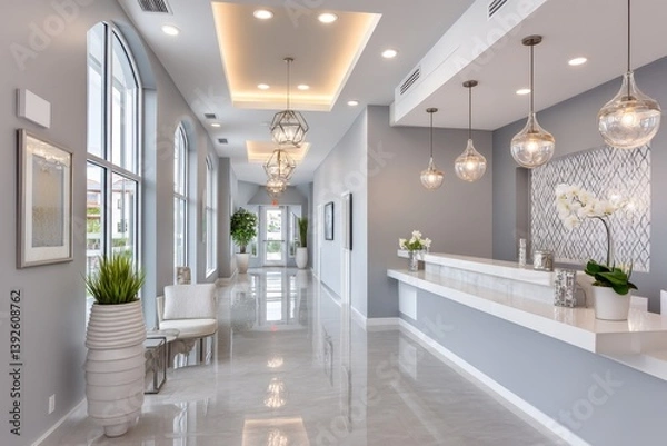 Fototapeta An apartment building lobby with concierge desk and luxury lighting