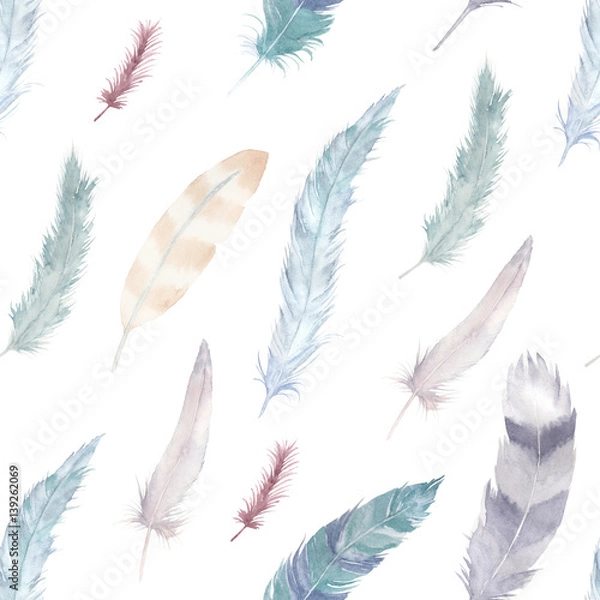 Fototapeta Colorful watercolor feathers pattern. Ethnic hand drawn motif for wrapping, wallpaper, fabric, cards