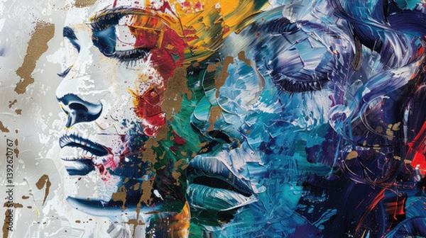 Fototapeta Abstract portrayal of human emotion using layered, translucent materials and bold splashes of metallic paint