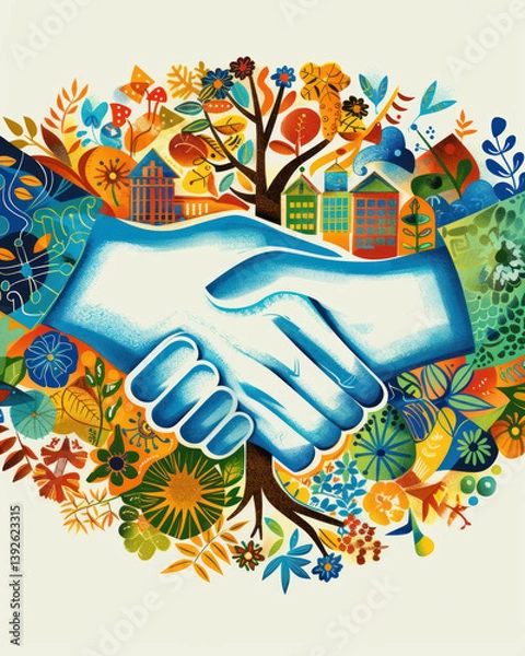 Fototapeta Agreement on social impact initiatives, handshake with charity projects in the background,
