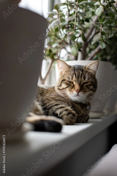 Fototapeta The cat is lying on the windowsill, dozing