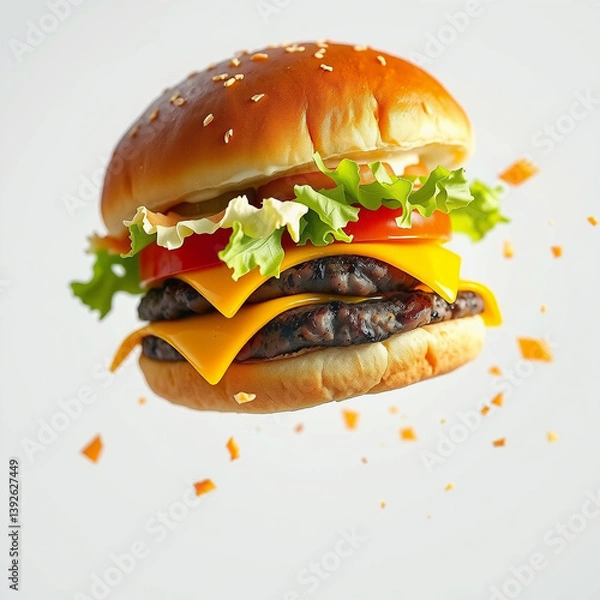 Fototapeta Double Cheeseburger with Lettuce and Tomato on White Background