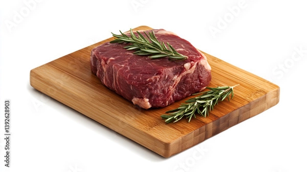 Fototapeta Beef steak with rosemary on a wooden board, isolated on a white background