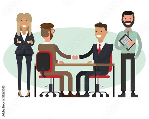 Fototapeta People at work with handshaking and secretaries