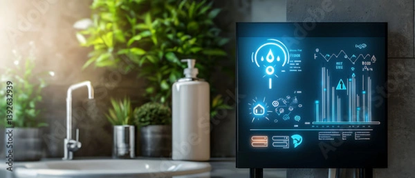 Fototapeta Smart bathroom technology innovations modern home digital display eco-friendly interior water management solutions