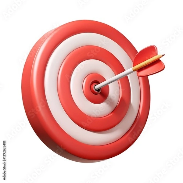 Fototapeta 3D Render of Bullseye Target with Dart Arrow, Red and White Circles, Perfect Aim and Success Concept

