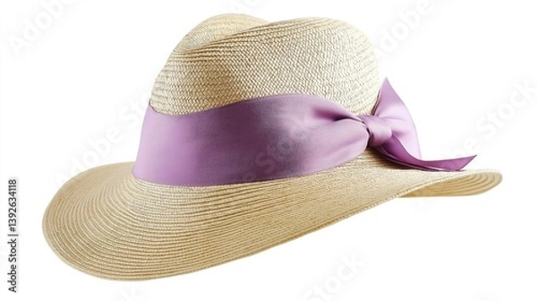 Fototapeta A light beige straw sun hat with a  ribbon band, viewed from a three-quarter angle, isolated on a pure white background