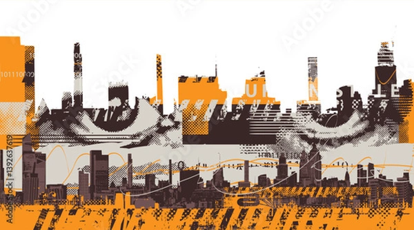 Fototapeta Vector abstraction on the theme of urbanism. Street art in grunge style on background of spots and geometric figures from elements of the architecture and the big city. T-shirt disign