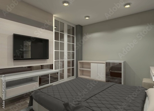 Fototapeta 3D Interior Rendering of Minimalist TV Cabinet and Drawer Storage for Bedroom Design