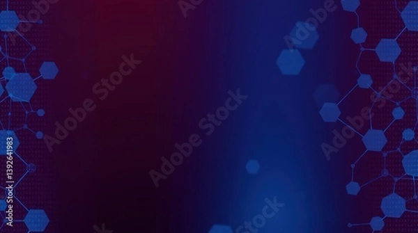 Fototapeta Abstract digital network background with hexagonal shapes and connecting lines.  A gradient of dark purple and deep blue creates a sophisticated and modern visual