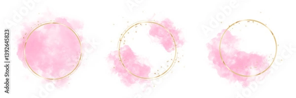 Fototapeta Splashes pink watercolor brush strokes. Isolated background. Golden circle frame with pollen. Hand painted abstract for decorating design logo, card, banner, cover, flyer and poster
