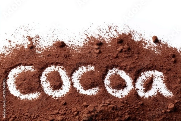 Fototapeta Cocoa word crafted from cocoa powder on white background with scattered particles, minimalist food concept