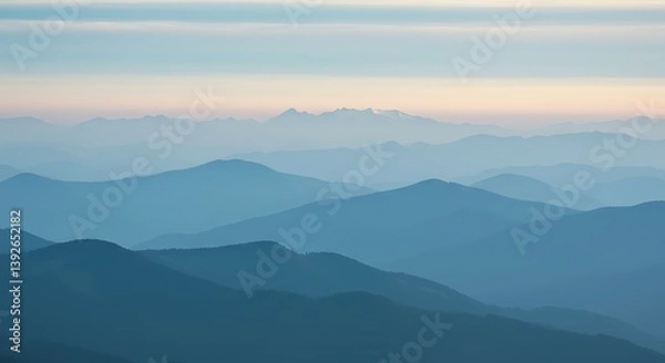 Obraz Misty Mountain Ranges at Sunrise: A Panoramic Landscape Photograph AI Generated