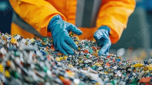 Fototapeta Sorting recyclable materials for remote work digital nomad lifestyle urban recycling center action shot indoor close-up