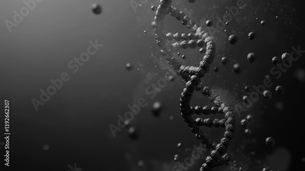Obraz High-tech DNA spiral in silver metallic tones, conceptual image of genetic evolution and mutation.