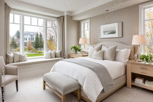 Fototapeta A calming bedroom with pale colors, feather pillows, and soothing candlelight
