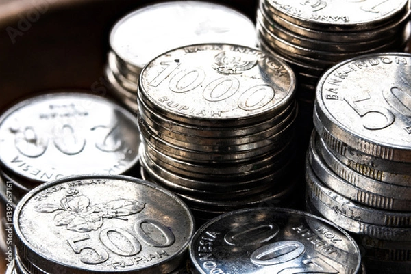 Fototapeta Bright Close-Up of Indonesian Rupiah Coins. Macro Shot of 500, 1000, and 200 IDR Denominations