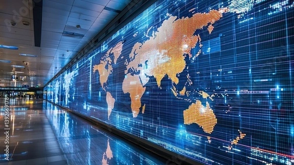 Fototapeta High-tech world map display in a modern airport at night showing global connectivity trends