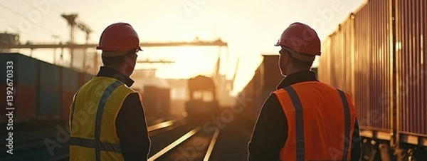 Fototapeta Worker checking data on tablet at freight yard during early morning hours