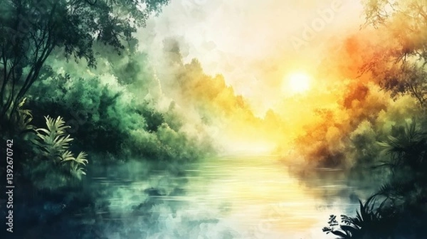 Fototapeta A landscape with a river and sunset in a tropical forest, filled with mysterious mist and vivid colors. Watercolor landscape