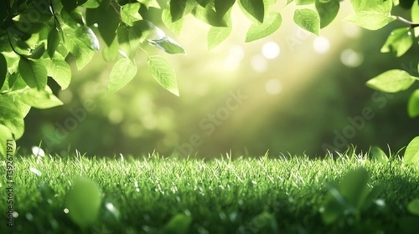 Fototapeta A spring day with a green grass meadow, bright sunlight, tree leaves, and a warm color background with copy space. 
