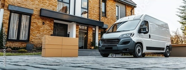 Fototapeta Delivery van parked in front of a modern house with cardboard boxes on the driveway