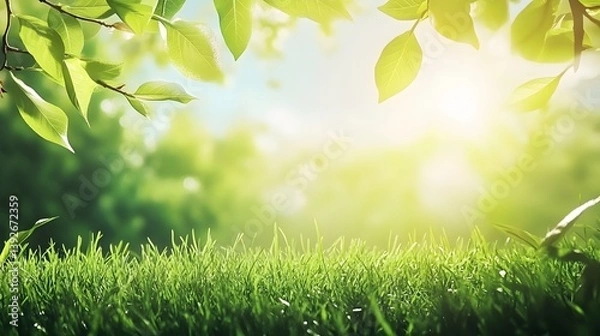 Fototapeta A spring day with a green grass meadow, bright sunlight, tree leaves, and a warm color background with copy space. 