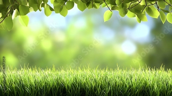 Fototapeta A spring day with a green grass meadow, bright sunlight, tree leaves, and a warm color background with copy space. 