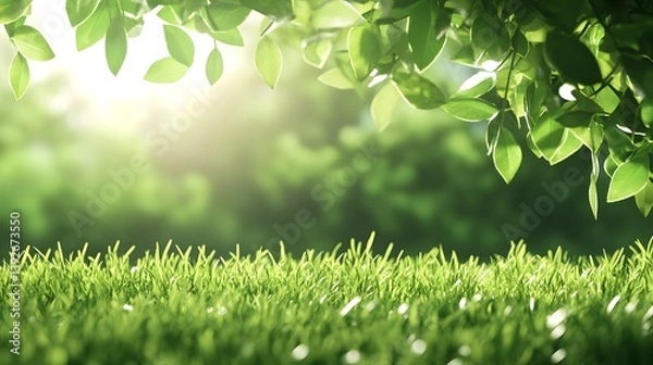 Fototapeta A spring day with a green grass meadow, bright sunlight, tree leaves, and a warm color background with copy space. 
