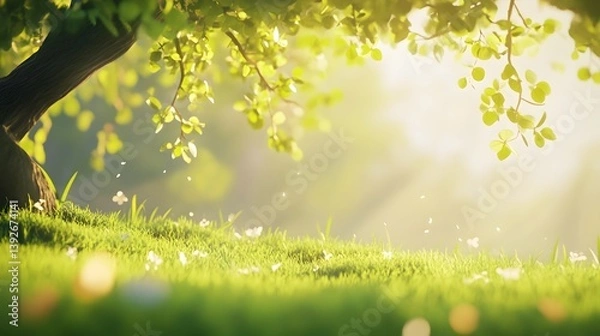 Fototapeta A spring day with a green grass meadow, bright sunlight, tree leaves, and a warm color background with copy space. 