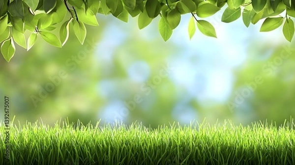 Fototapeta A spring day with a green grass meadow, bright sunlight, tree leaves, and a warm color background with copy space. 