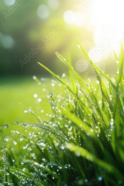 Fototapeta Lush green plants in Spring rain.