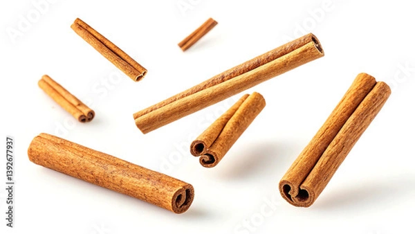 Obraz Top-Down Shot of Natural Cinnamon Sticks – Minimalist White Background 