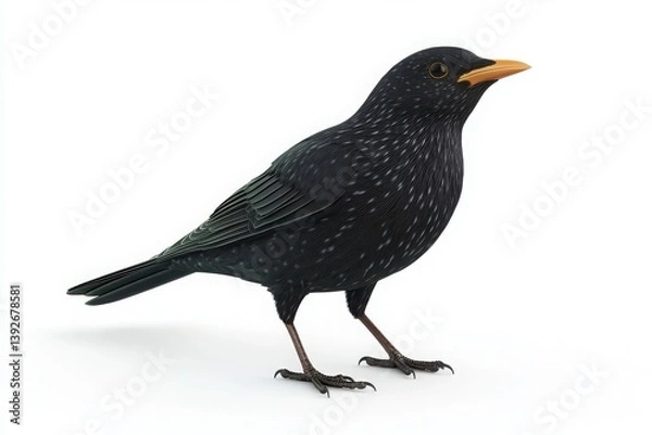 Fototapeta A full shot of a starling bird with dark feathers and yellow beak standing on a white background