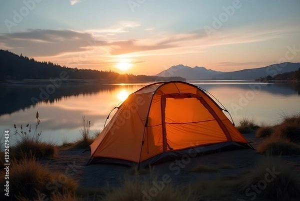 Fototapeta A simple bivvy sack pitched beside a vast reflective lake at sunset.
