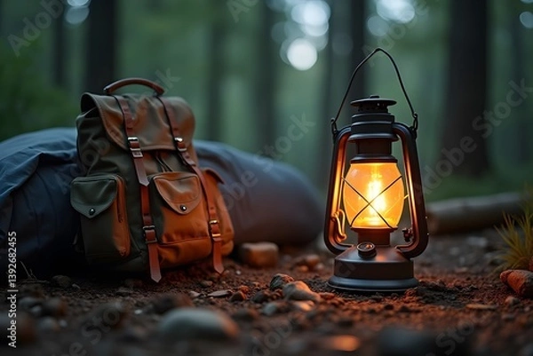 Fototapeta A vintage lantern flickering beside a backpack and bedroll on rough forest floor.
