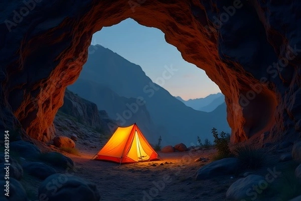 Fototapeta A small camp nestled inside a cave mouth, warm glow escaping to the outside.
