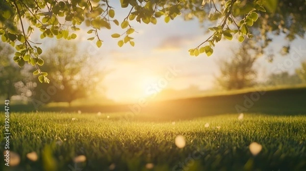 Fototapeta A spring day with a green grass meadow, bright sunlight, tree leaves, and a warm color background with copy space. 
