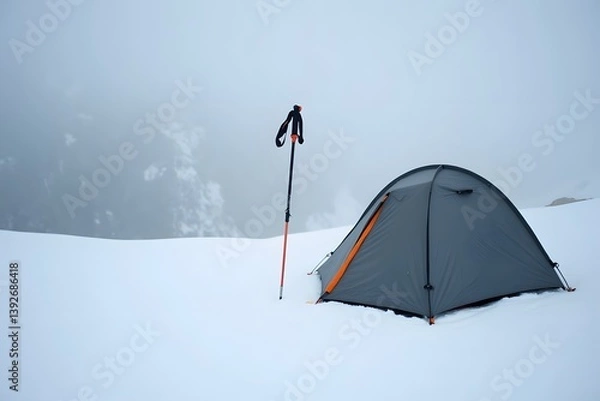 Fototapeta A single trekking pole stuck in the snow next to a low-profile tent.
