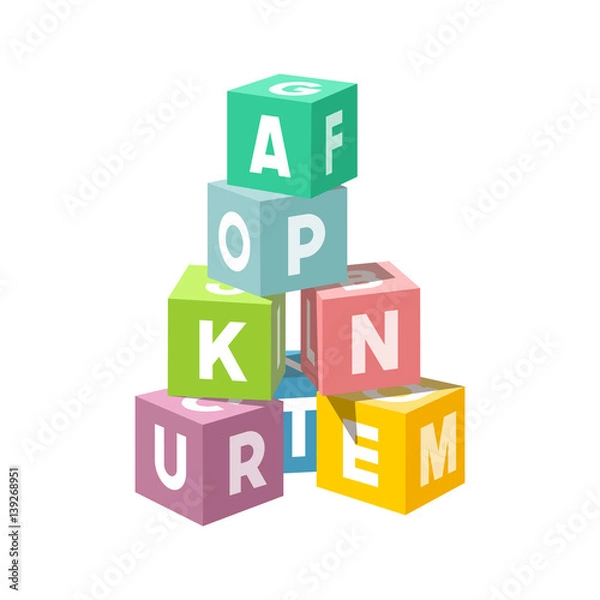 Fototapeta Pastel colored block building tower. Bricks vector illustration on white background. Alphabet cubes with letters.