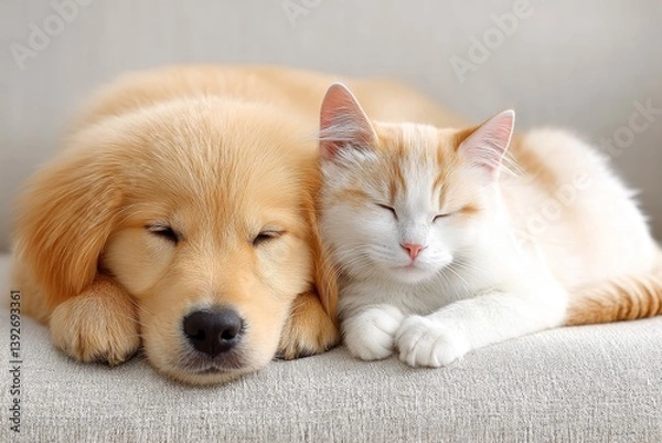 Fototapeta A dog and a cat napping together on a soft couch